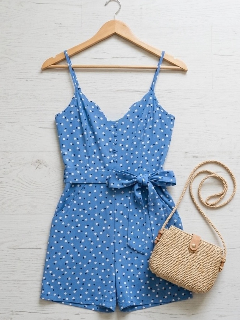 NWT 41 HAWTHORN SMOCKED POLKA DOT BELT ROMPER W/POCKETS